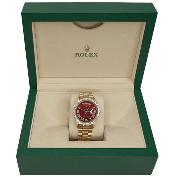 ROLEX DAY-DATE 18K GOLD WITH DIAMOND STONES ROMANX RED FACE  36MM - 18238 - Image 3