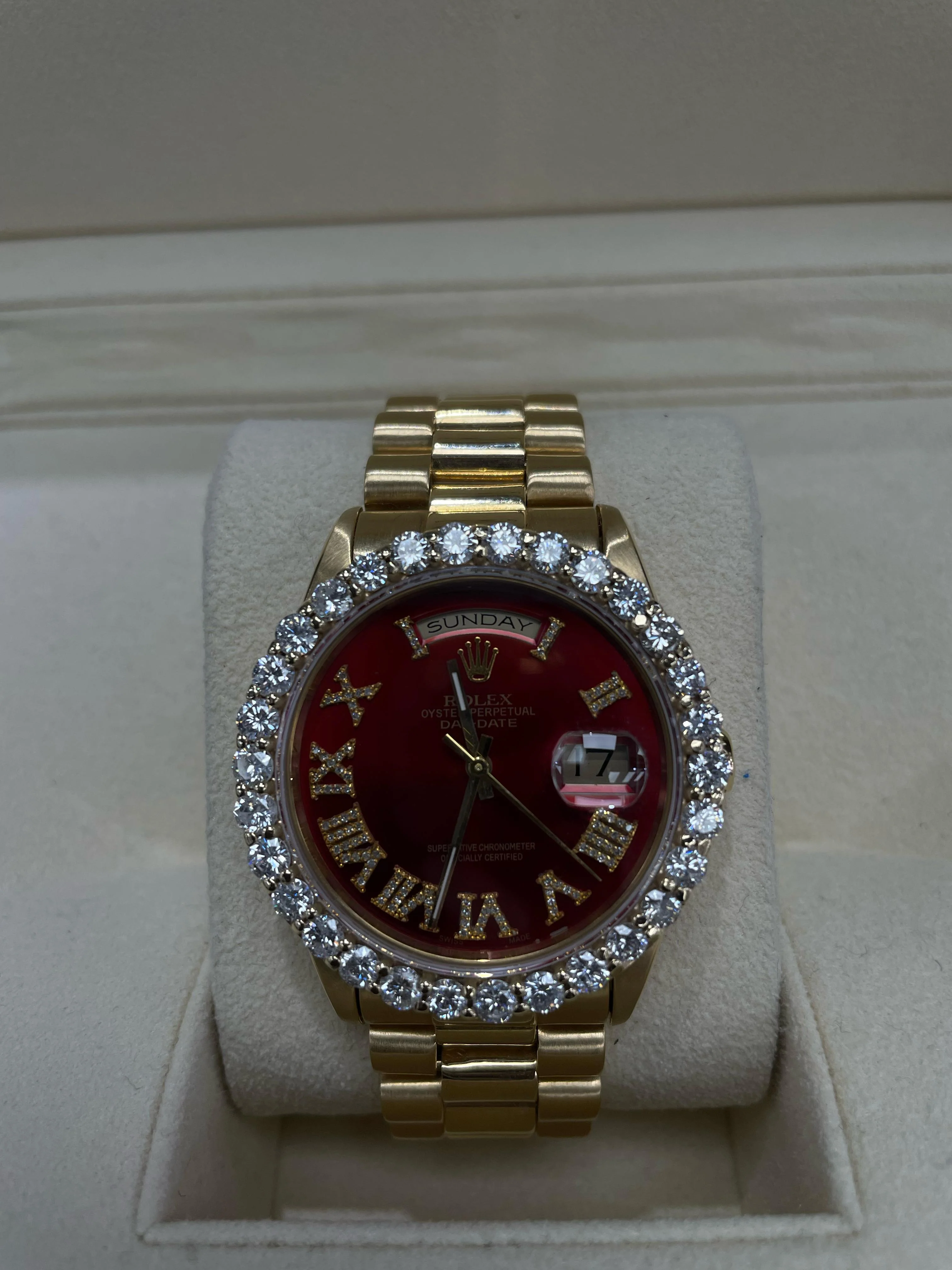 ROLEX DAY-DATE 18K GOLD WITH DIAMOND STONES ROMANX RED FACE  36MM - 18238 - Image 5